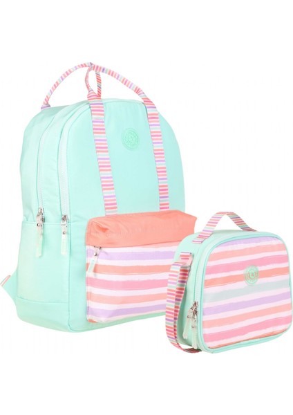 Kız Çocuklara Özel Su Yeşili Pembe Renkli Çizgi Desenli Okul Çantası ve Beslenme Çantası Seti