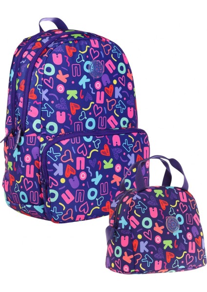 Kız Çocuk Okul Sırt Çantası ve Beslenme Çantası Seti - Lacivert - Kalp ve Kaukko Baskılı
