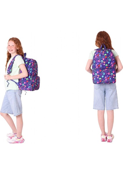 Kız Çocuk Okul Sırt Çantası ve Beslenme Çantası Seti - Lacivert - Kalp ve Kaukko Baskılı modelleri