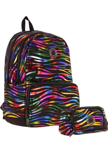 Shine Kız Çocuk Zebra Desenli Siyah Çok Renkli Ilkokul, Ortaokul Sırt Çantası ve Kalemlik Seti