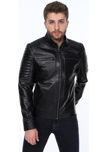 Hakiki Deri Siyah Sergio Fermuarlı Erkek Deri Ceket