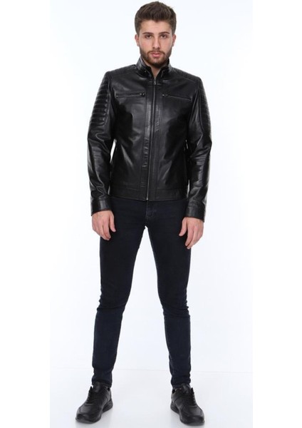 Hakiki Deri Siyah Sergio Fermuarlı Erkek Deri Ceket fiyatları
