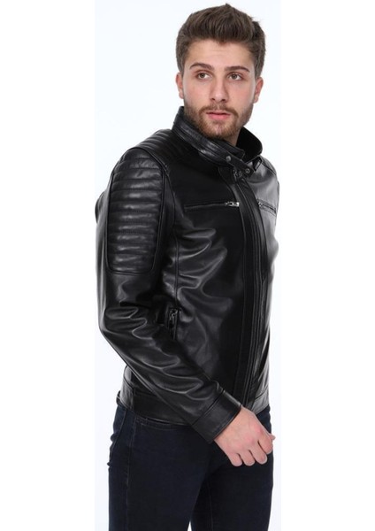 Hakiki Deri Siyah Sergio Fermuarlı Erkek Deri Ceket modelleri