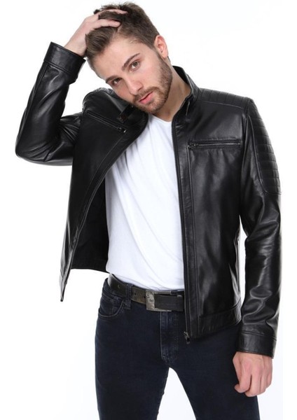 Hakiki Deri Siyah Sergio Fermuarlı Erkek Deri Ceket indirimleri