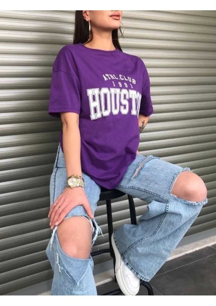 Oversize T-Shirt Houston Baskılı Mor Renk