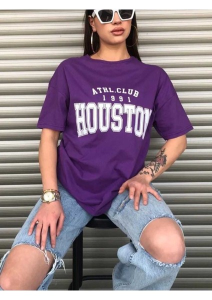 Oversize T-Shirt Houston Baskılı Mor Renk