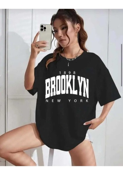 Oversize T-Shirt Broklıyn Baskılı Siyah Renk