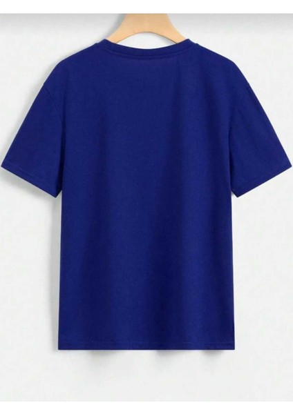 Oversize T-Shirt Kedi Baskılı Mavi Renk