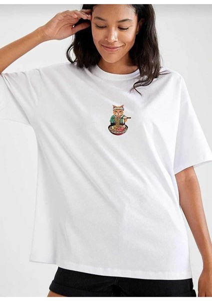 Oversize T-Shirt Figürler Baskılı Beyaz Renk