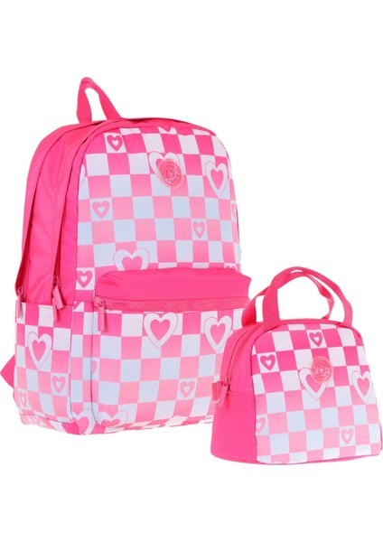 Nature Pembe Dama ve Kalp Desenli Okul Çantası ve Isı Yalıtımlı Beslenme Seti - Kız Çocuk