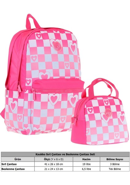 Nature Pembe Dama ve Kalp Desenli Okul Çantası ve Isı Yalıtımlı Beslenme Seti - Kız Çocuk fiyatları