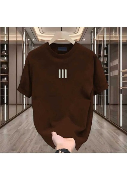 Oversize T-Shirt Çizgi Baskılı Kahverengi Renk