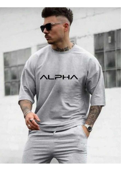 Oversize T-Shirt Alpha Baskılı Gri Renk