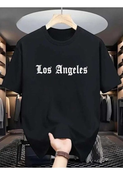 Oversize T-Shirt Angeles Baskılı Siyah Renk