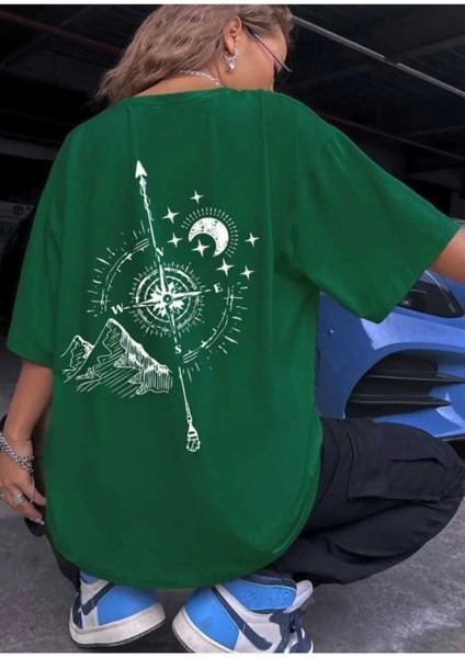 Oversize T-Shirt Sırt Baskılı Yeşil Renk