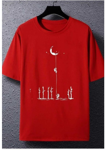 Oversize T-Shirt Astronot Baskılı Kırmızı Renk