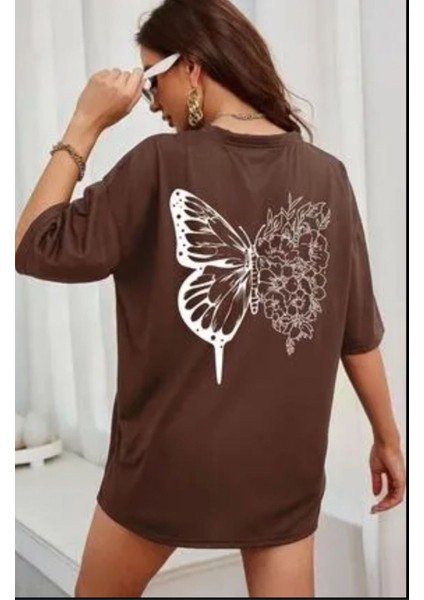 Oversize T-Shirt Baskılı Kahve Renk