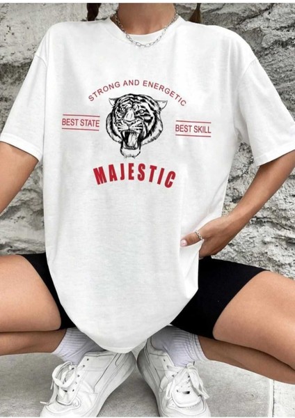 Oversize T-Shirt Majestıc Baskılı Beyaz Renk