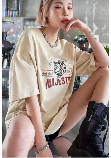 Oversize T-Shirt Majestıc Baskılı Bej Renk