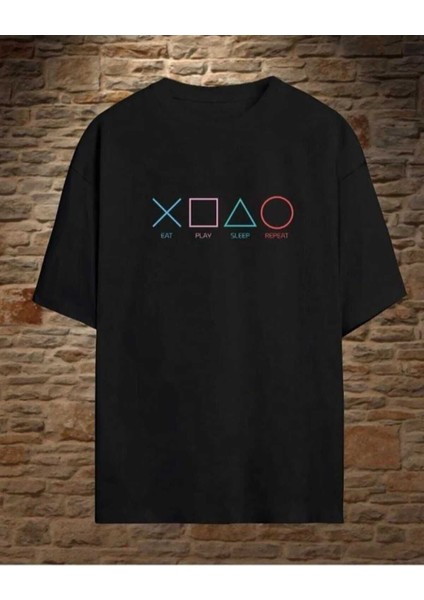 Oversize T-Shirt Game Baskılı Siyah Renk