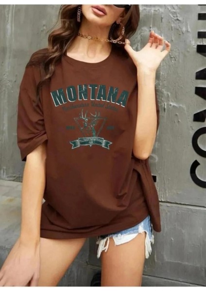 Oversize T-Shirt Baskılı Kahve Renk