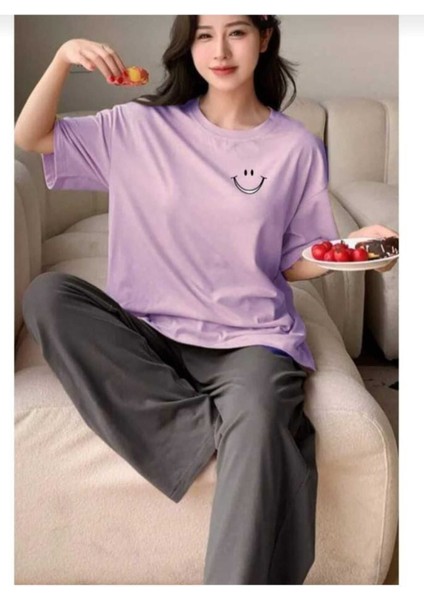 Oversize T-Shirt Renk Baskılı Lila Renk