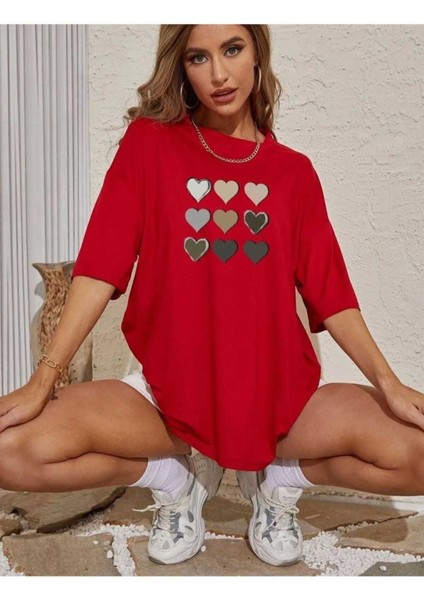Oversize T-Shirt Baskılı Kırmızı Renk