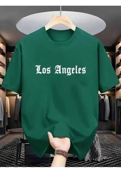 Oversize T-Shirt Angeles Baskılı Yeşil Renk