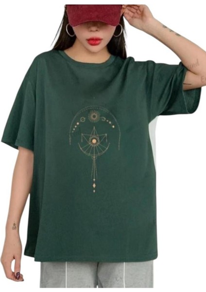 Oversize T-Shirt Terazi Baskılı Yeşil Renk