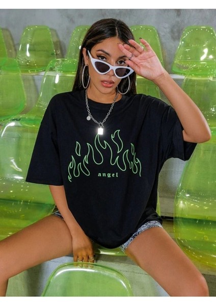 Oversize T-Shirt Angel Baskılı Siyah Renk