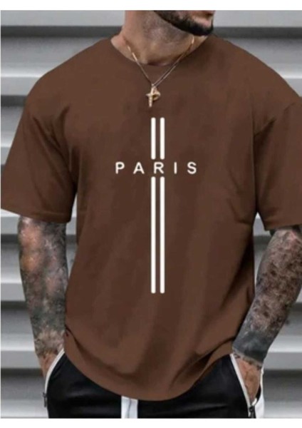 Oversize T-Shirt Paris Baskılı Kahverengi Renk