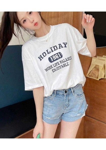 Oversize T-Shirt Baskılı Beyaz Renk