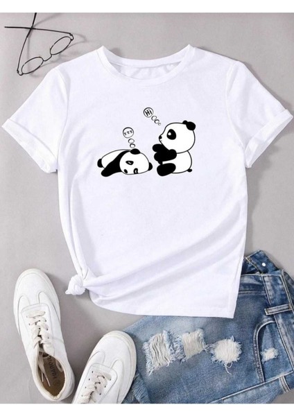 Oversize T-Shirt Pandalar Baskılı Beyaz Renk