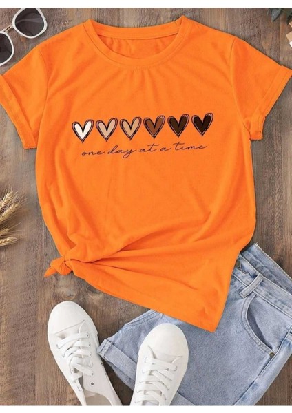 Oversize T-Shirt Kalp Baskılı Turuncu Renk