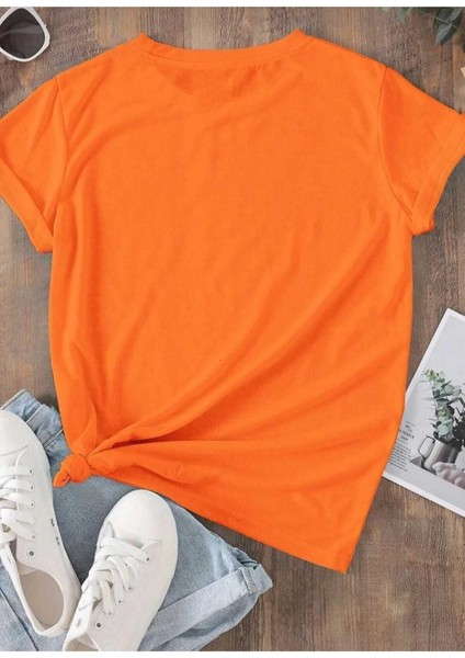 Oversize T-Shirt Kalp Baskılı Turuncu Renk