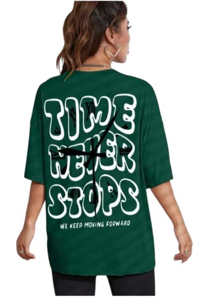 Oversize T-Shirt Time Baskılı Yeşil Renk