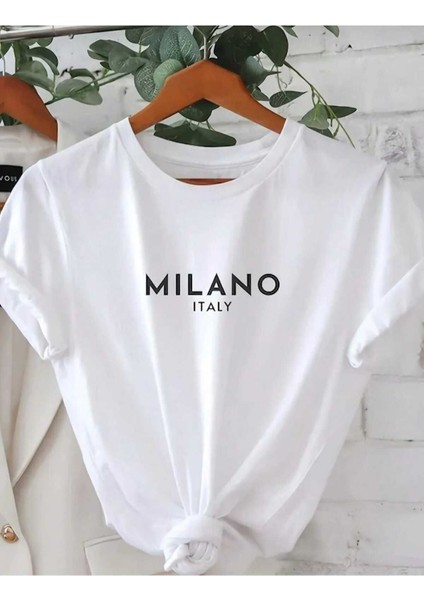 Oversize T-Shirt Milano Baskılı Beyaz Renk