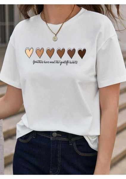 Oversize T-Shirt Kalp Baskılı Beyaz Renk