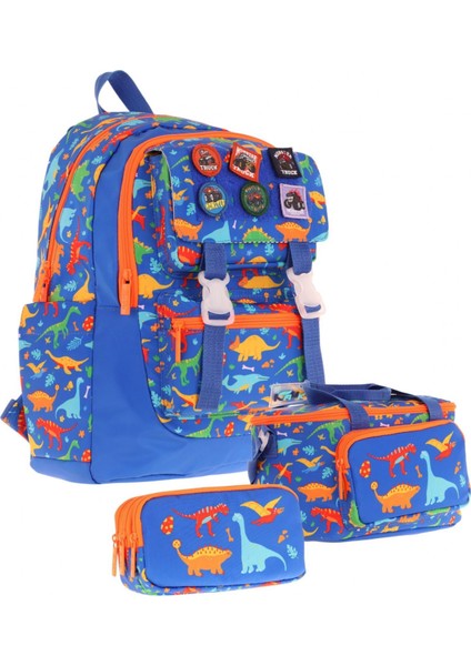 Kids Armalı Dinazor Desenli Erkek Çocuk Üçlü Ilkokul Okul Çantası Seti - Mavi