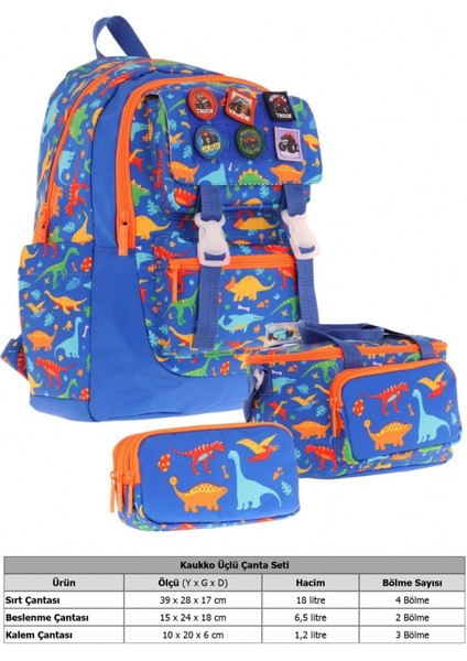 Kids Armalı Dinazor Desenli Erkek Çocuk Üçlü Ilkokul Okul Çantası Seti - Mavi fiyatları