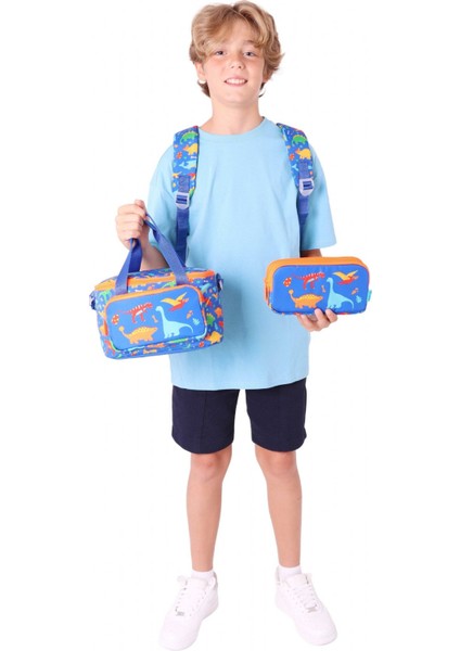 Kids Armalı Dinazor Desenli Erkek Çocuk Üçlü Ilkokul Okul Çantası Seti - Mavi modelleri