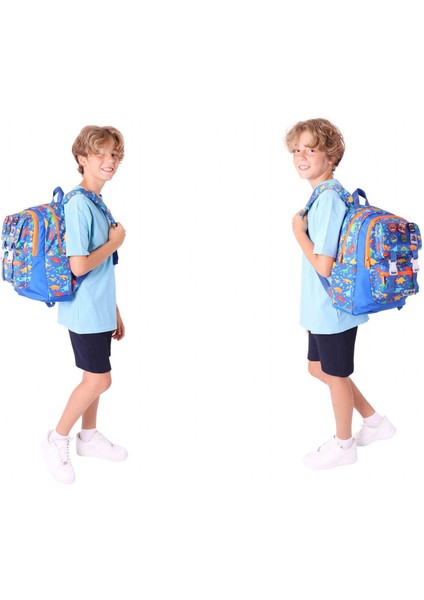 Kids Armalı Dinazor Desenli Erkek Çocuk Üçlü Ilkokul Okul Çantası Seti - Mavi fırsatları
