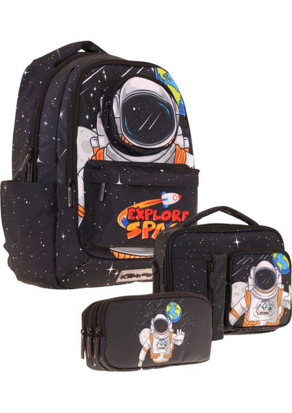 Kids 3D Astronot Şekilli Erkek Çocuk Üçlü Okul Çantası Seti/takımı - Siyah (L5253+L7253+L8253)