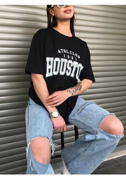 Oversize T-Shirt Houston Baskılı Siyah Renk