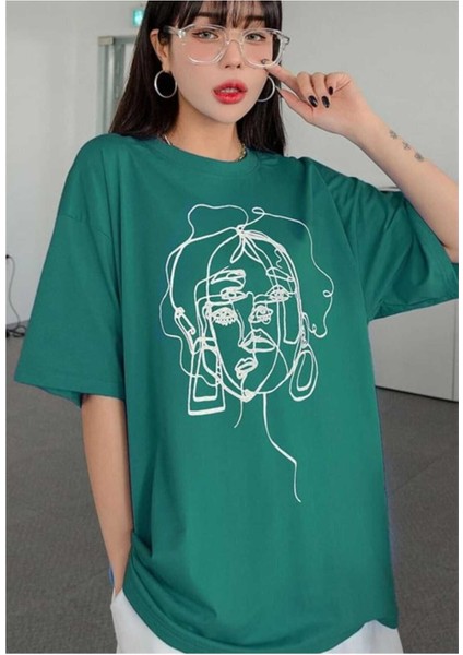 Oversize T-Shirt Baskılı Yeşil Renk