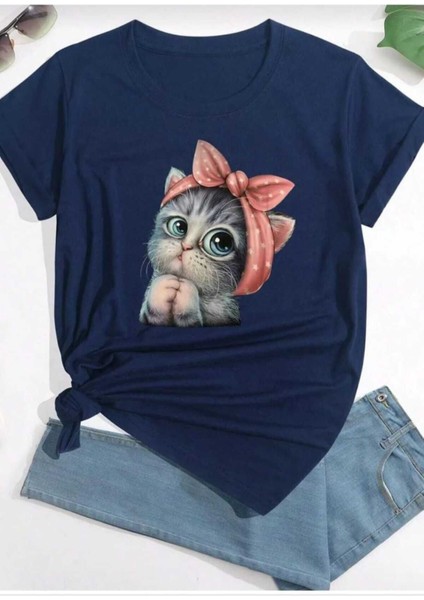 Oversize T-Shirt Kedi Baskılı Lacivert Renk