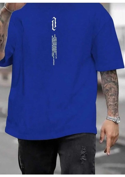 Oversize T-Shirt Dikey Baskılı Mavi Renk