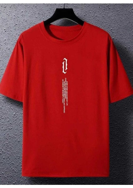 Oversize T-Shirt Dikey Baskılı Kırmızı Renk