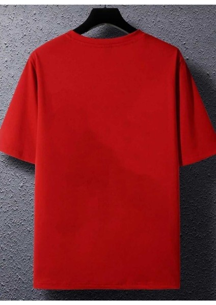 Oversize T-Shirt Dikey Baskılı Kırmızı Renk