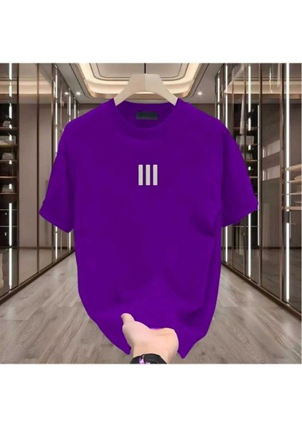 Oversize T-Shirt Çizgi Baskılı Mor Renk